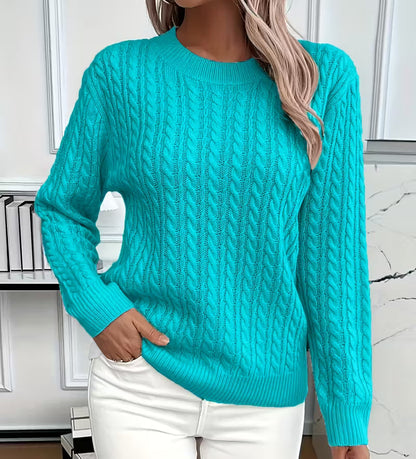 Women's Cable-Knit Crew-Neck Sweater with Ribbed Trim