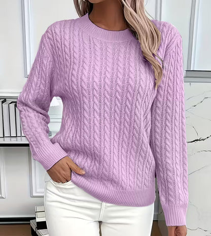Women's Cable-Knit Crew-Neck Sweater with Ribbed Trim