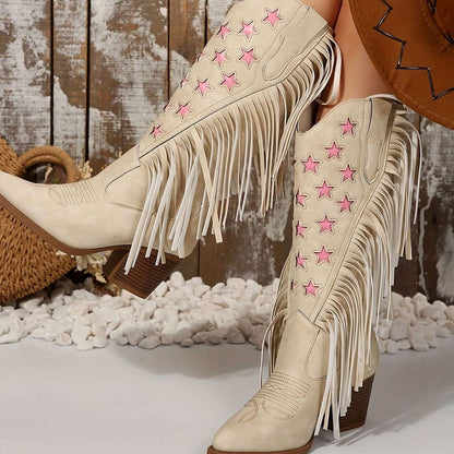 Shelly - Women's Star-Embroidered Fringe Western Cowboy Boots