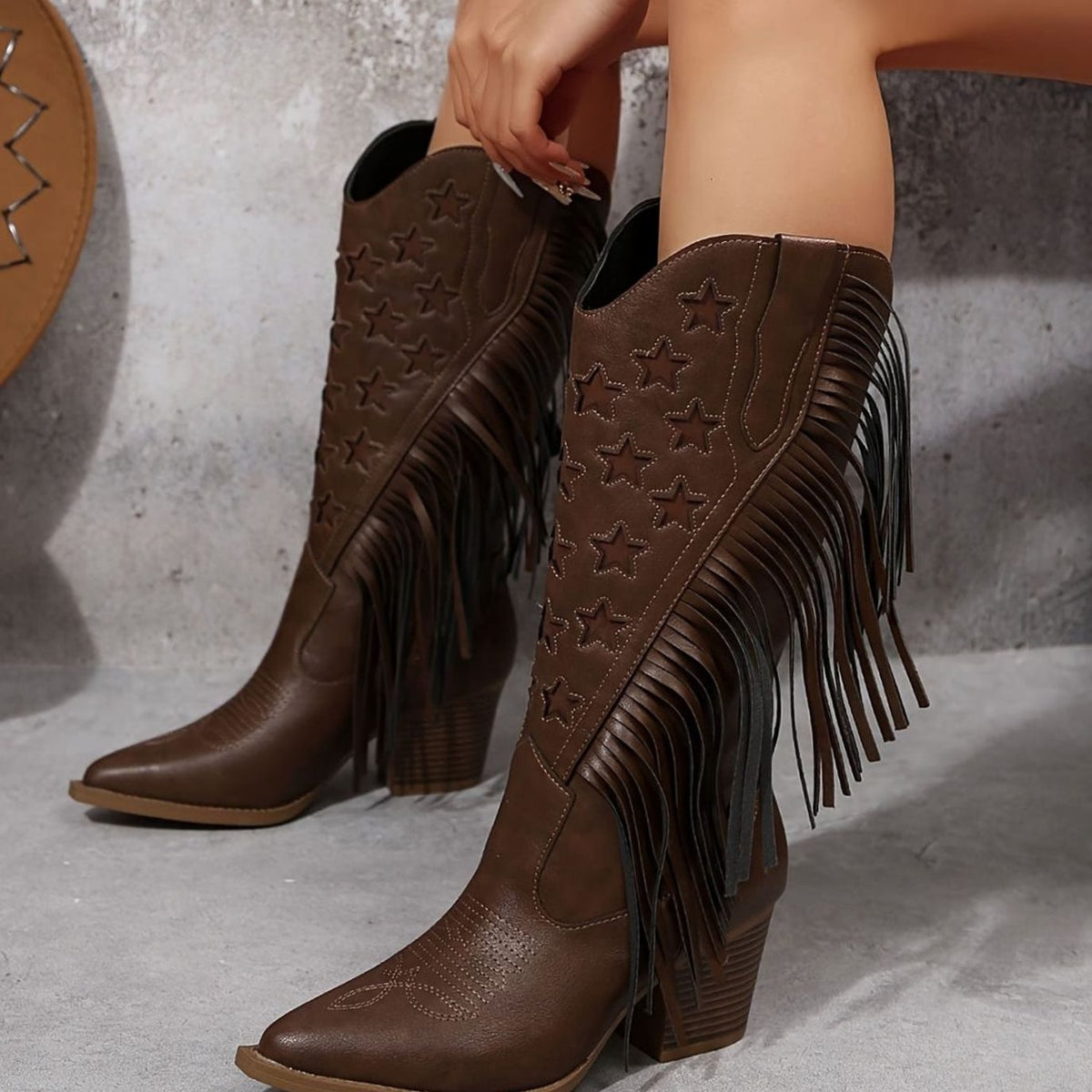 Shelly - Women's Star-Embroidered Fringe Western Cowboy Boots