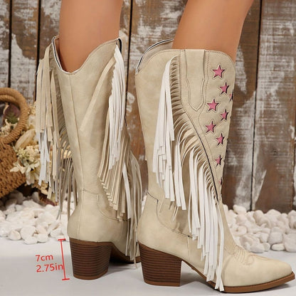 Shelly - Women's Star-Embroidered Fringe Western Cowboy Boots