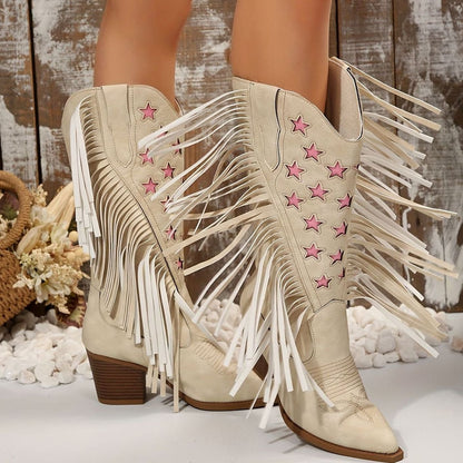 Shelly - Women's Star-Embroidered Fringe Western Cowboy Boots