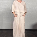 Liza | 2-piece cotton-linen set – V-neck top and wide-leg trousers • S1