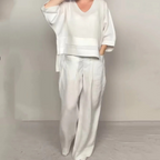 Liza | 2-piece cotton-linen set – V-neck top and wide-leg trousers • S1