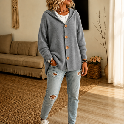 Melissa – Hooded Waffle-Knit Button-Front Cardigan