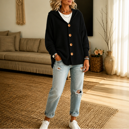 Melissa – Hooded Waffle-Knit Button-Front Cardigan