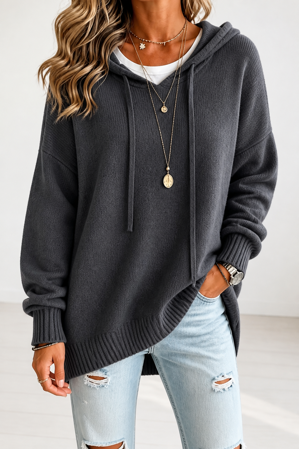Kelly – Oversized Drawstring Hooded Knit Sweater