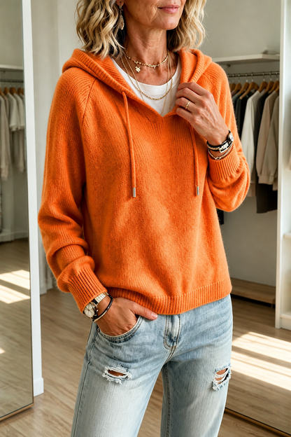 Ashley – Drawstring Hood Ribbed Knit Hoodie Pullover