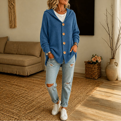 Melissa – Hooded Waffle-Knit Button-Front Cardigan