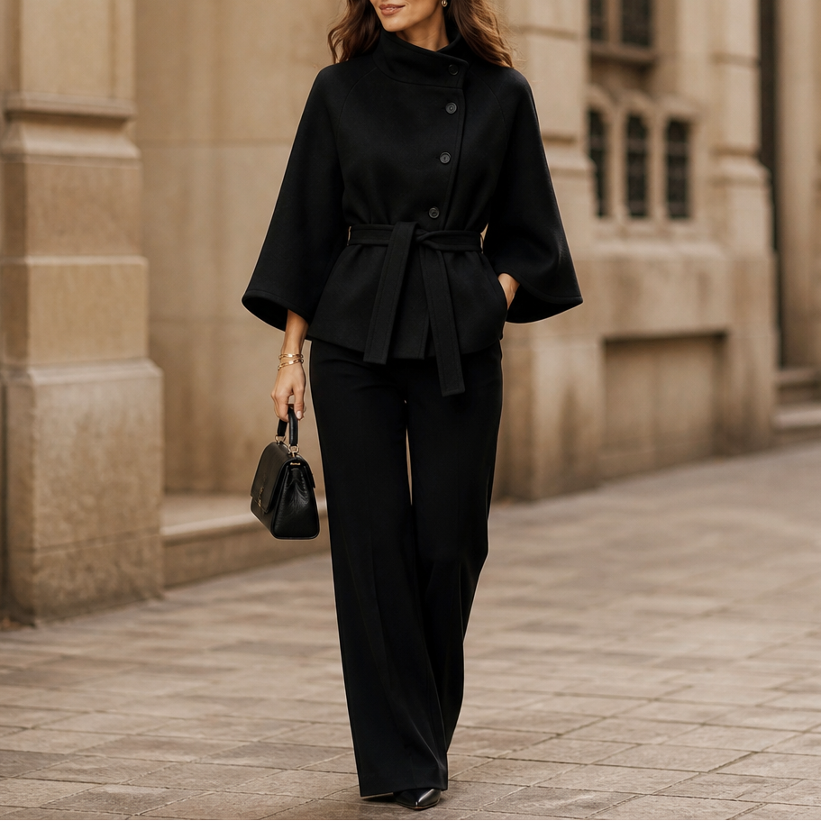 Vienna – Asymmetrical Belted High-Neck Jacket