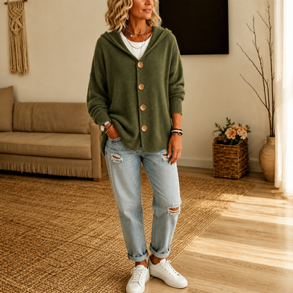 Melissa – Hooded Waffle-Knit Button-Front Cardigan