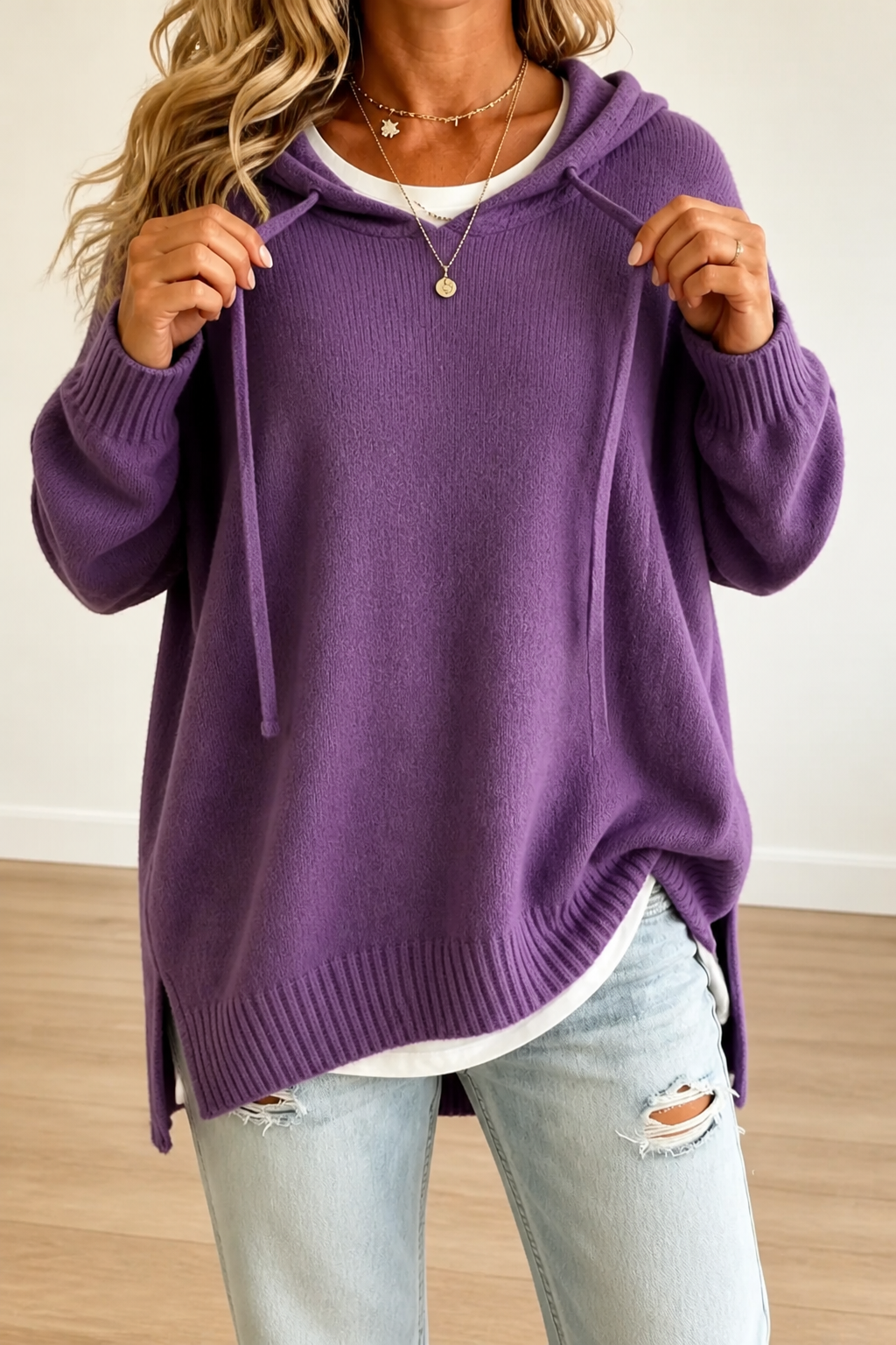 Kelly – Oversized Drawstring Hooded Knit Sweater