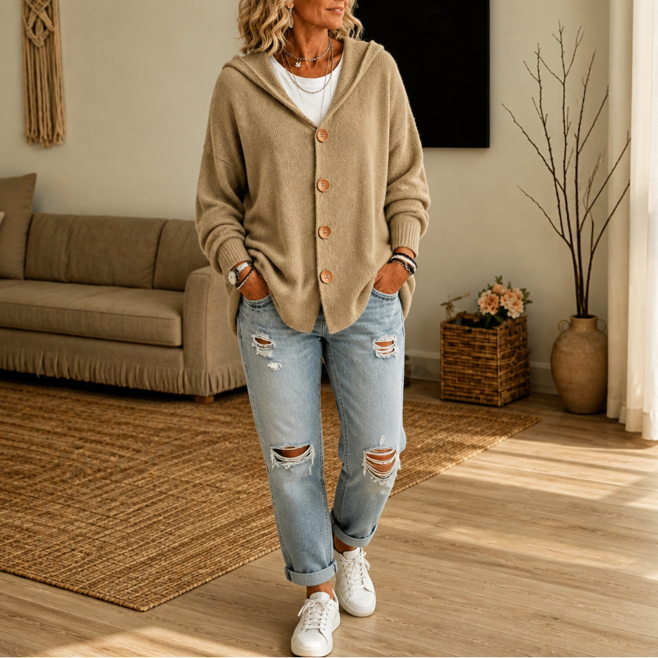 Melissa – Hooded Waffle-Knit Button-Front Cardigan