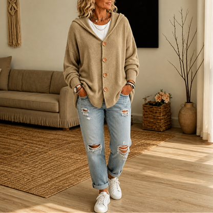 Melissa – Hooded Waffle-Knit Button-Front Cardigan