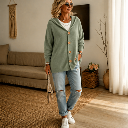 Melissa – Hooded Waffle-Knit Button-Front Cardigan