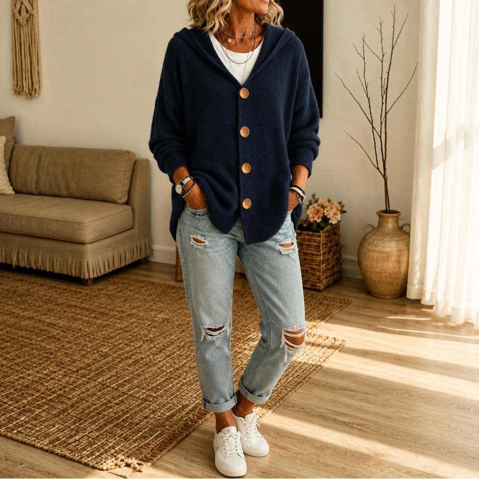 Melissa – Hooded Waffle-Knit Button-Front Cardigan