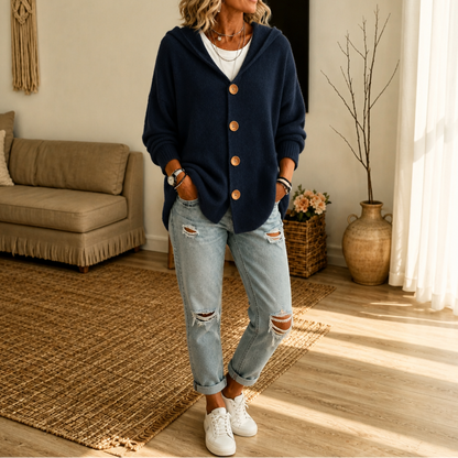 Melissa – Hooded Waffle-Knit Button-Front Cardigan