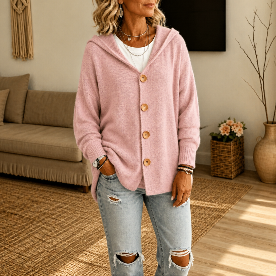 Melissa – Hooded Waffle-Knit Button-Front Cardigan