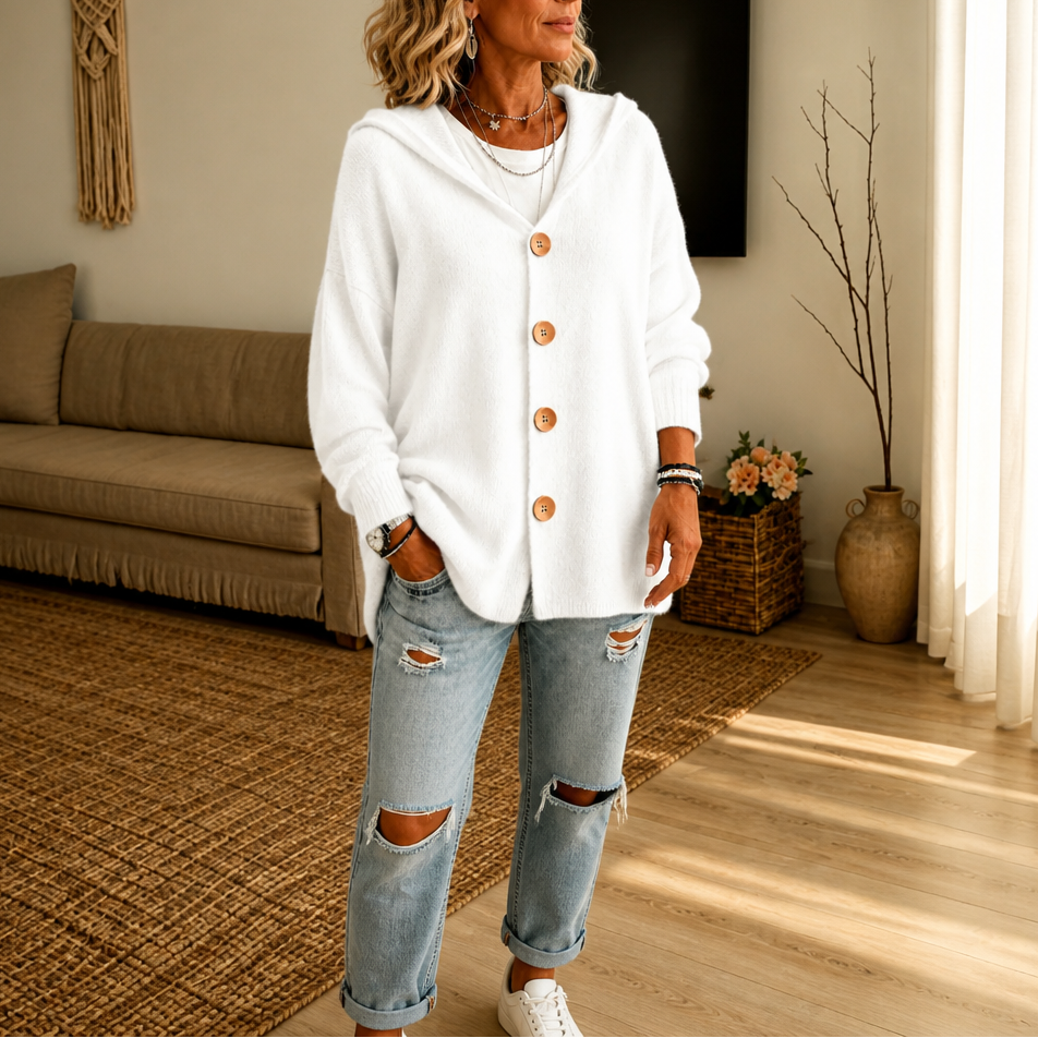 Melissa – Hooded Waffle-Knit Button-Front Cardigan