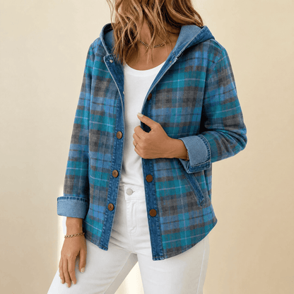 Jessy – Women’s Contrast Denim Plaid Hooded Jacket
