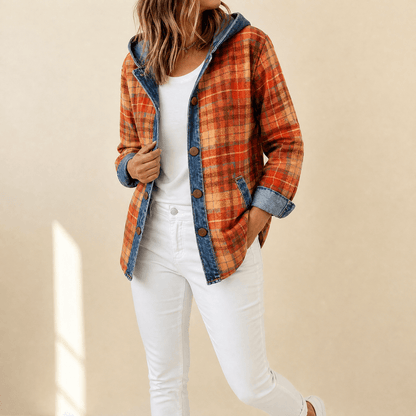Jessy – Women’s Contrast Denim Plaid Hooded Jacket
