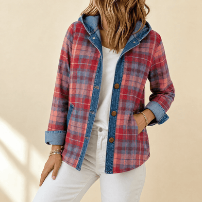 Jessy – Women’s Contrast Denim Plaid Hooded Jacket
