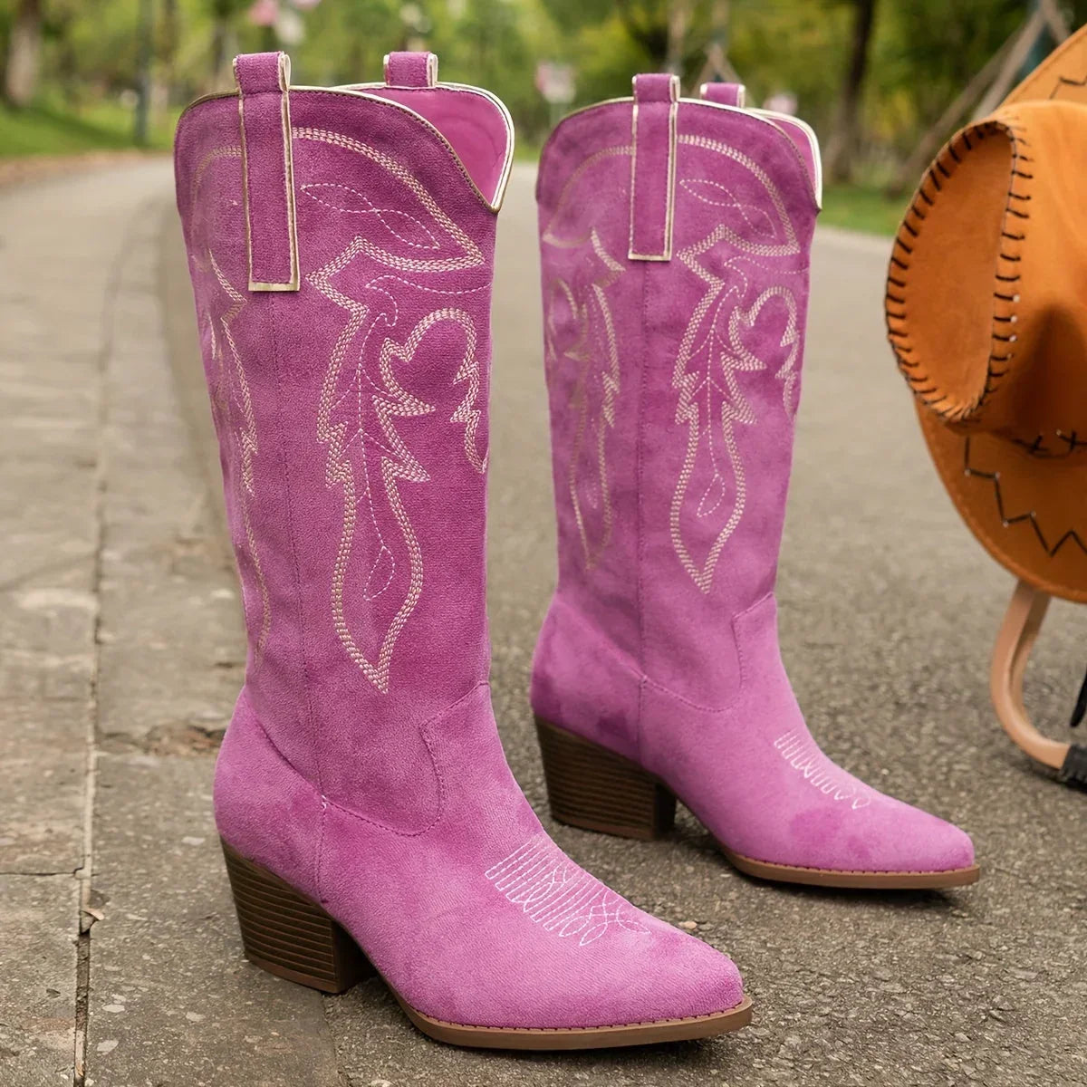 Western Cowboy Boots For Women | Embroidered Block Heel Knee High
