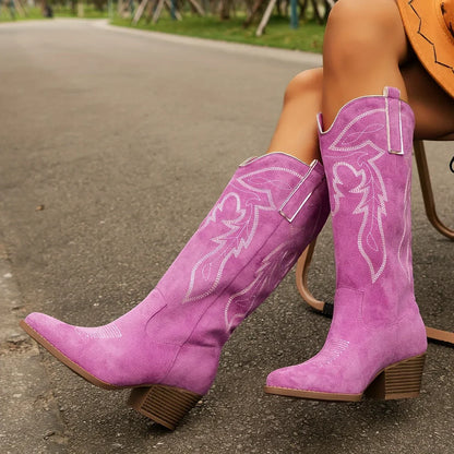 Western Cowboy Boots For Women | Embroidered Block Heel Knee High