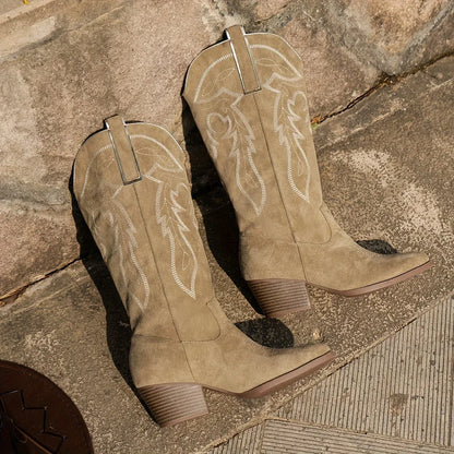Western Cowboy Boots For Women | Embroidered Block Heel Knee High