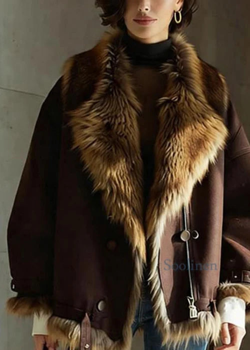Women's Brown Leather Jacket | Faux Fur Collar Buckle Detail