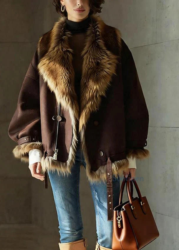 Women's Brown Leather Jacket | Faux Fur Collar Buckle Detail