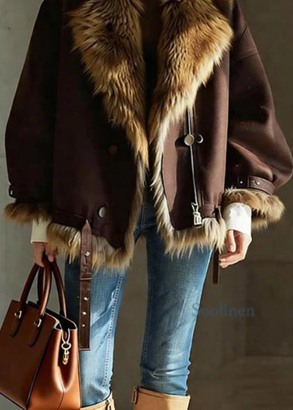 Women's Brown Leather Jacket | Faux Fur Collar Buckle Detail