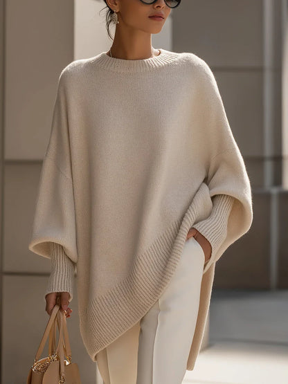 Women's Cashmere Sweater | Oversized Batwing Sleeve Asymmetric Hem