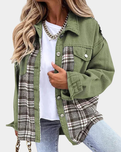 Women's Denim Jacket | Plaid Contrast Long Sleeve