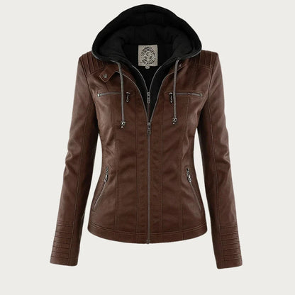 Women's Leather Jacket | Hooded Zip Front Moto
