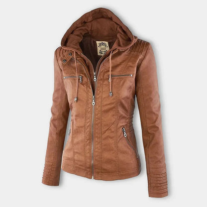 Women's Leather Jacket | Hooded Zip Front Moto