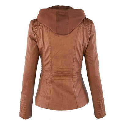 Women's Leather Jacket | Hooded Zip Front Moto