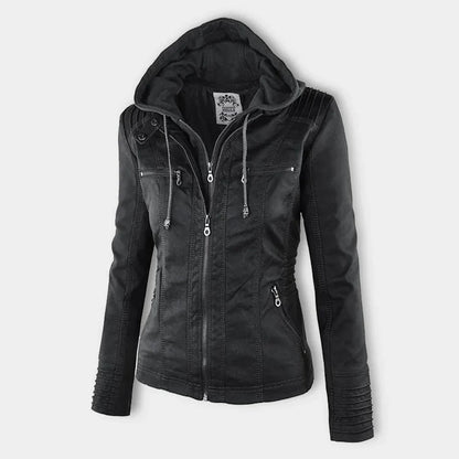Women's Leather Jacket | Hooded Zip Front Moto