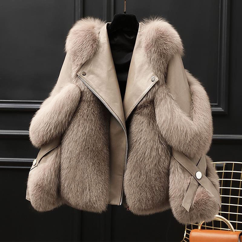 Women's Leather Jacket | Oversized Fur Collar Lapel Zip Front