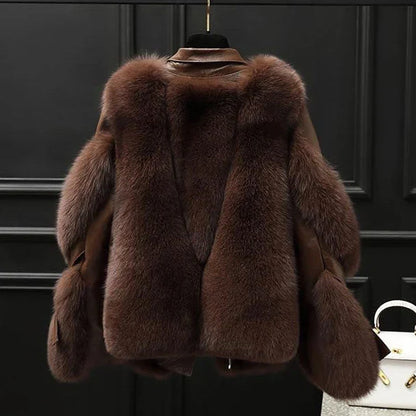 Women's Leather Jacket | Oversized Fur Collar Lapel Zip Front