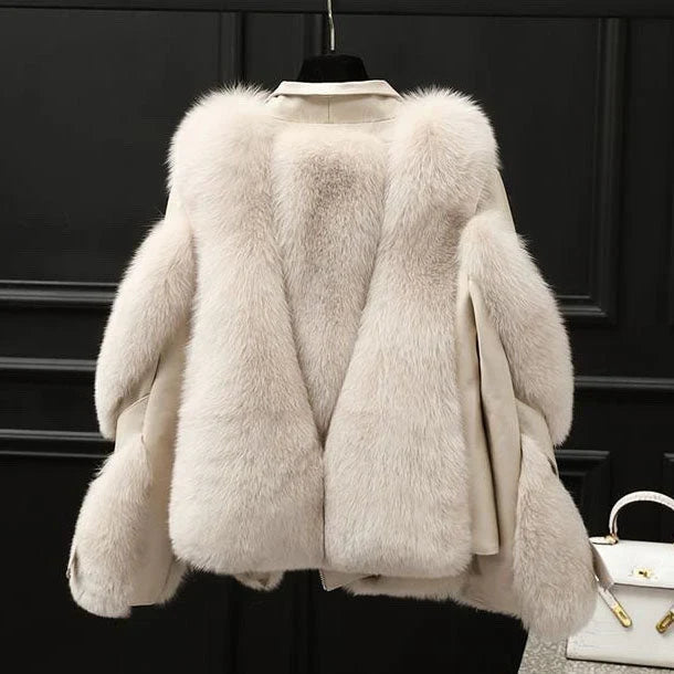 Women's Leather Jacket | Oversized Fur Collar Lapel Zip Front