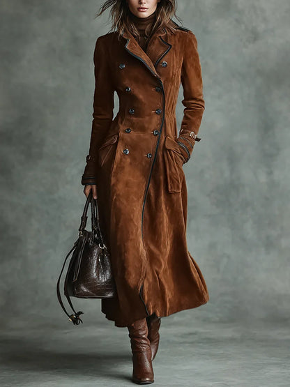 Women's Long Coat | Suede Double-breasted Lapel Trench