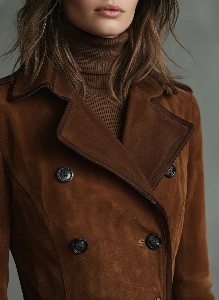 Women's Long Coat | Suede Double-breasted Lapel Trench