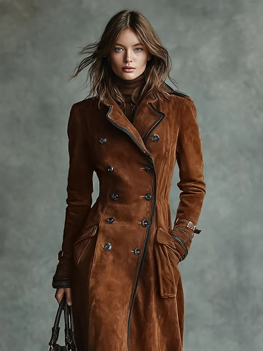 Women's Long Coat | Suede Double-breasted Lapel Trench