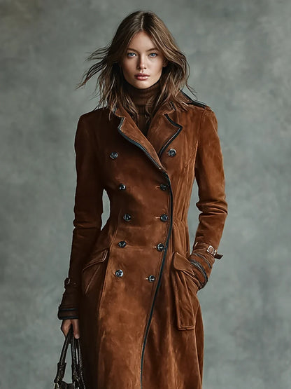 Women's Long Coat | Suede Double-breasted Lapel Trench