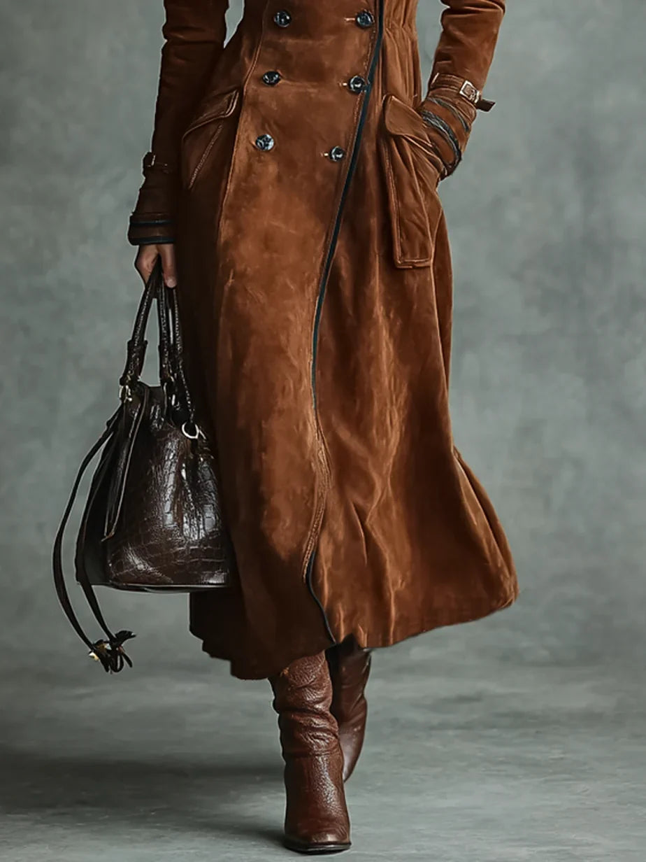 Women's Long Coat | Suede Double-breasted Lapel Trench