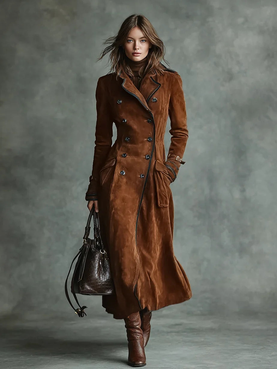 Women's Long Coat | Suede Double-breasted Lapel Trench