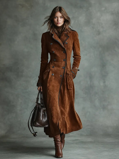 Women's Long Coat | Suede Double-breasted Lapel Trench