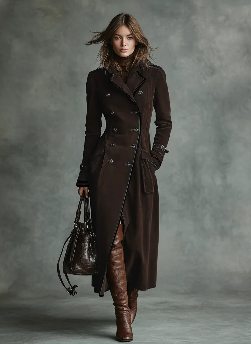 Women's Long Coat | Suede Double-breasted Lapel Trench