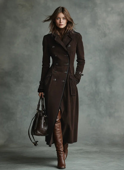 Women's Long Coat | Suede Double-breasted Lapel Trench